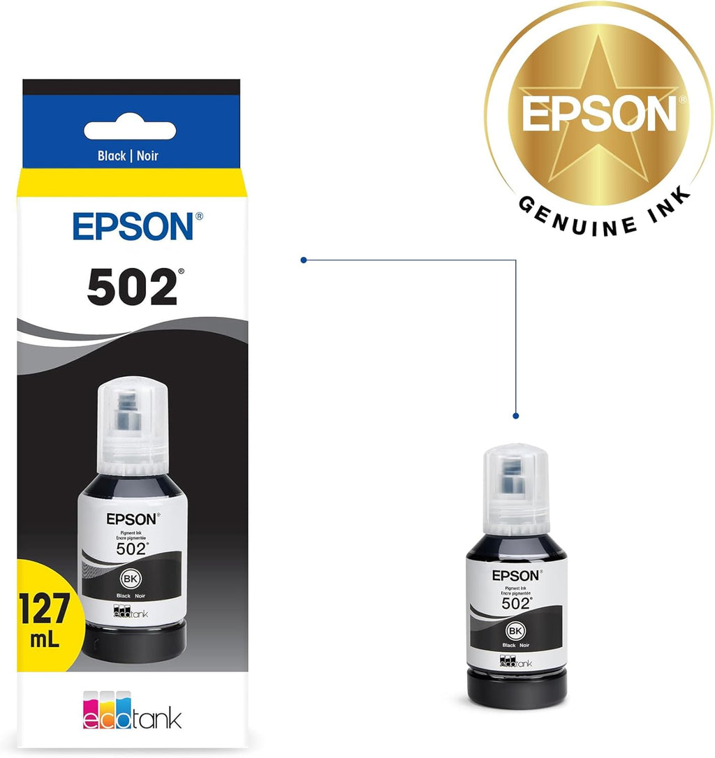 EPSON 502 EcoTank Ink Ultra-high Capacity Bottle Black Works with ET-2750, 2760, 2850, 3750, 3760, 3850, 4850, and other select models