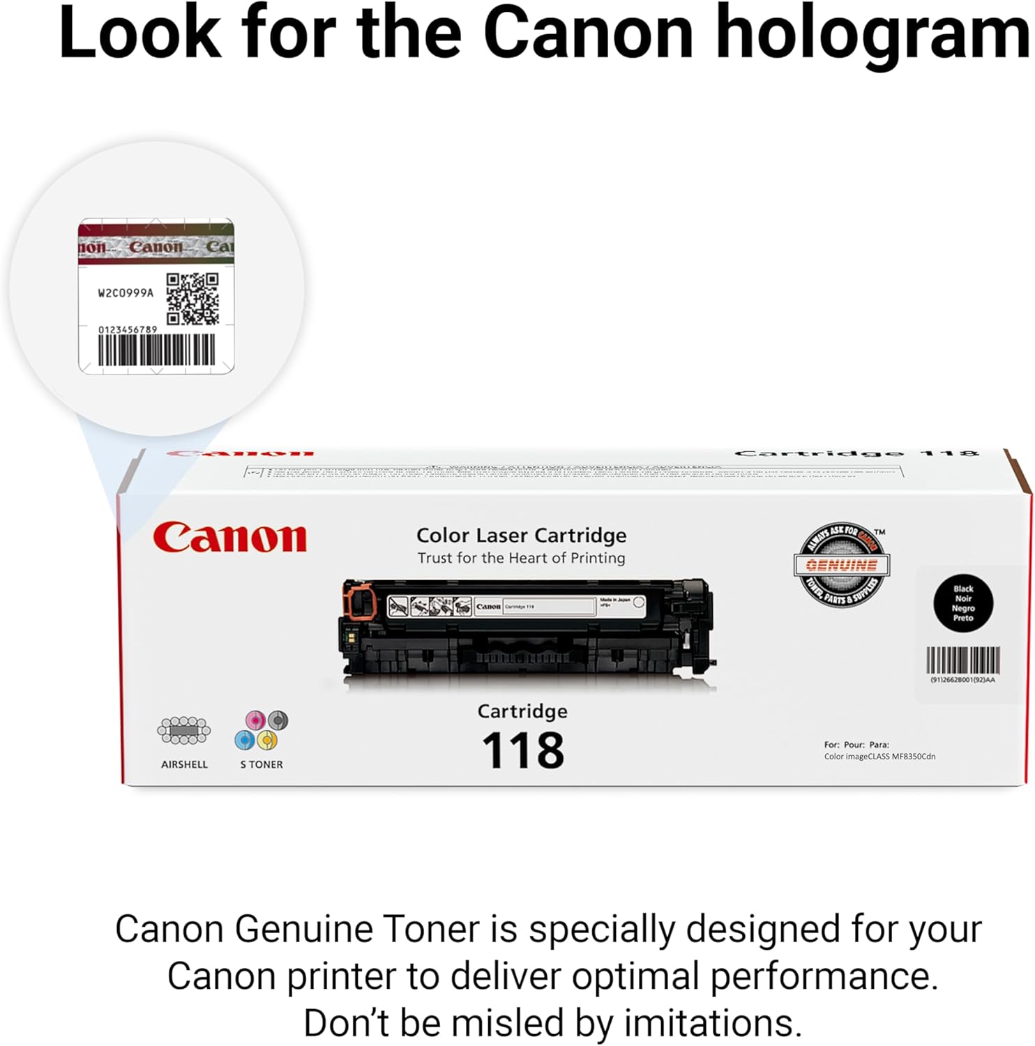 Canon Genuine 118 Black Toner Cartridge Compatible with MF720 Series, LBP7200Cdn, LBP7660Cdn, MF8300 Series, MF8580Cdw